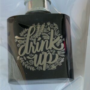 Elegant Black Mini Flask with Drink Up Design. Comes with keychain and funnel.
